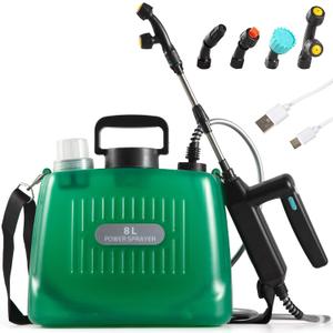 Battery Powered Garden Sprayer 2 Gallon, Rechargeable Pump Sprayer with 4 Mist Nozzles & Retractable WandPortable Water Electric Sprayers in Lawn and Garden with Adjustable Shoulder StrapGreen
