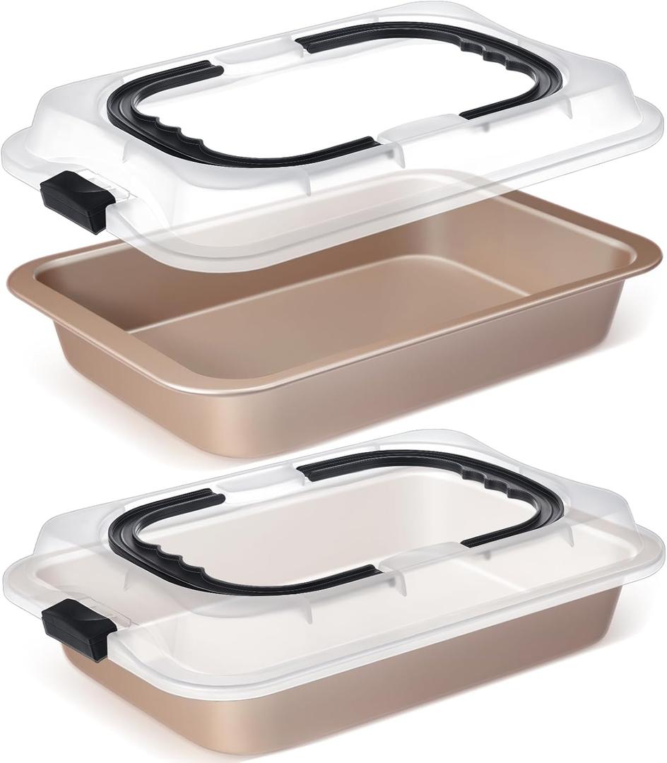 Qinyoung 2 Pcs Cake Baking Pan with Lid and Handle, 9 x 13 Inch Non-stick Rectangle Sheet Cake Pan Carrier for Brownie Roasting Cooking Baking (Gold)