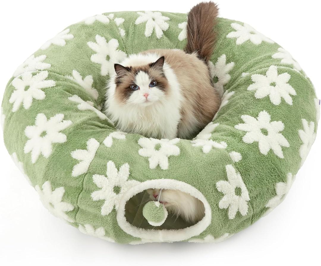 Lesure Cat Tunnel Bed for Indoor Cats - Cute Cat Donut Tunnel Toys with Washable Circle Cushion, Round Pet Peekaboo Cave Toy for Kitten/Puppy/Rabbit, Green (Standard)