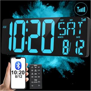 XREXS 17.2" Large Digital Wall Clock Bluetooth Sync Time, Precise Atomic Clocks with Remote Control, Adjustable Dimmer Grandfather Clock, Temperature Clock for Bedroom, Desk Alarm Clock for Teens