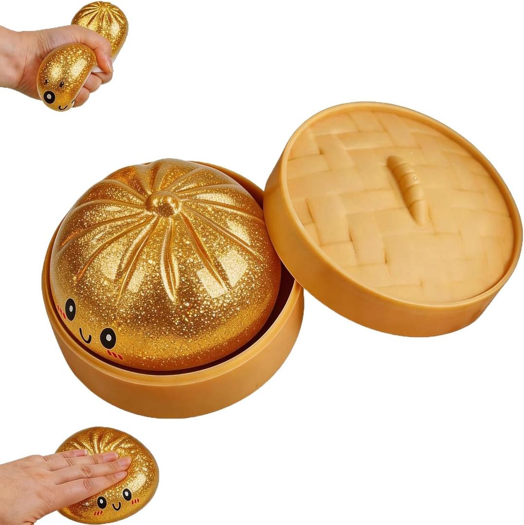 Glitter Dumpling, Glitter Dumpling Squishy with Box, Cute Anxiety Relief Fidget Toy, Soft Squeeze Decompression Dough for Adults (Glittering Golden Eyes)