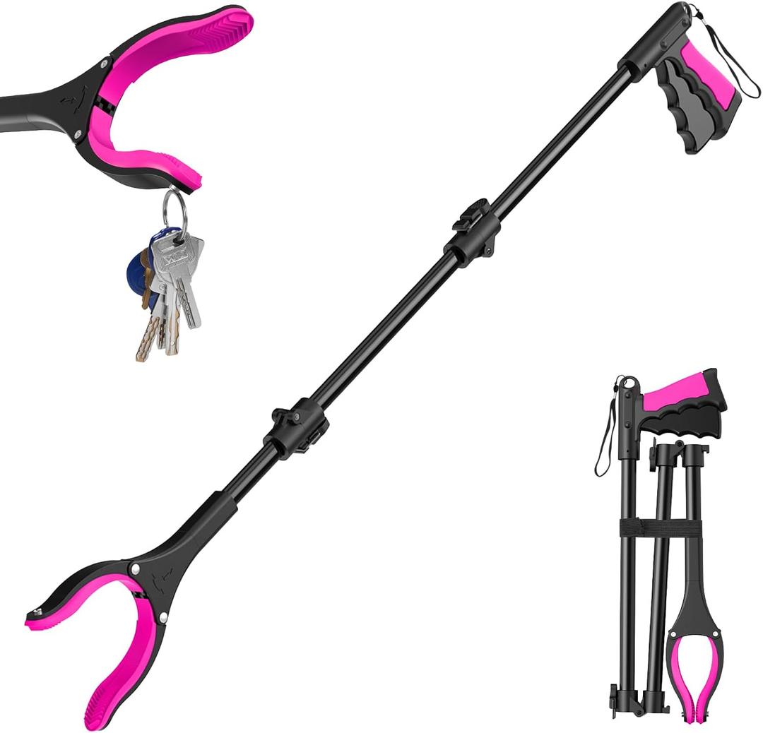 36" Grabber Reacher Tool, Foldable Reacher Grabber Pickup Tool with 360 Rotating Jaw & Two Magnets, Extra Long Trash Picker Upper Grabber, Lightweight Grabbers for Seniors, Pink