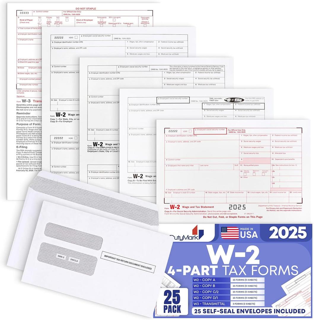 W2 Forms 2025 with Envelopes, 4 Part Kit for 25 Employees of Laser W2 Tax Forms IRS-Compatible with 3 W3s, Compatible with Quickbooks Software, Includes 25 Self-Sealing Envelopes