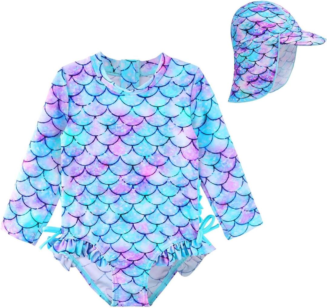 XFGIRLS Baby/Toddler Girls Swimsuit Long Sleeve One-Piece Bathing Suit Rash Guard for Kids UPF 50+ Swimwear, 6Y