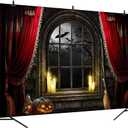 Halloween Photography Backdrop Red Curtain Pumpkin Bat in Scary Night Party Decoration Portrait Background Vinyl Photo Studio Booth Props PGT647B 9x6ft