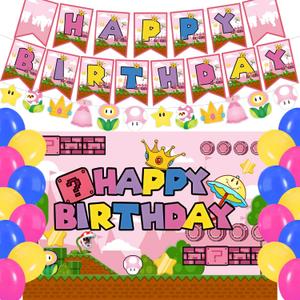 Pink Super Bros Birthday Party Backdrop,Super Brother Decor Supplies Include Happy Birthday Banner,Backdrop,Latex Balloon
