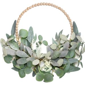 TEMPUS 16 Artificial Wood Bead Eucalyptus Wreath - Indoor/Outdoor Seasonal Farmhouse Door Decor with Artificial Greenery Perfect