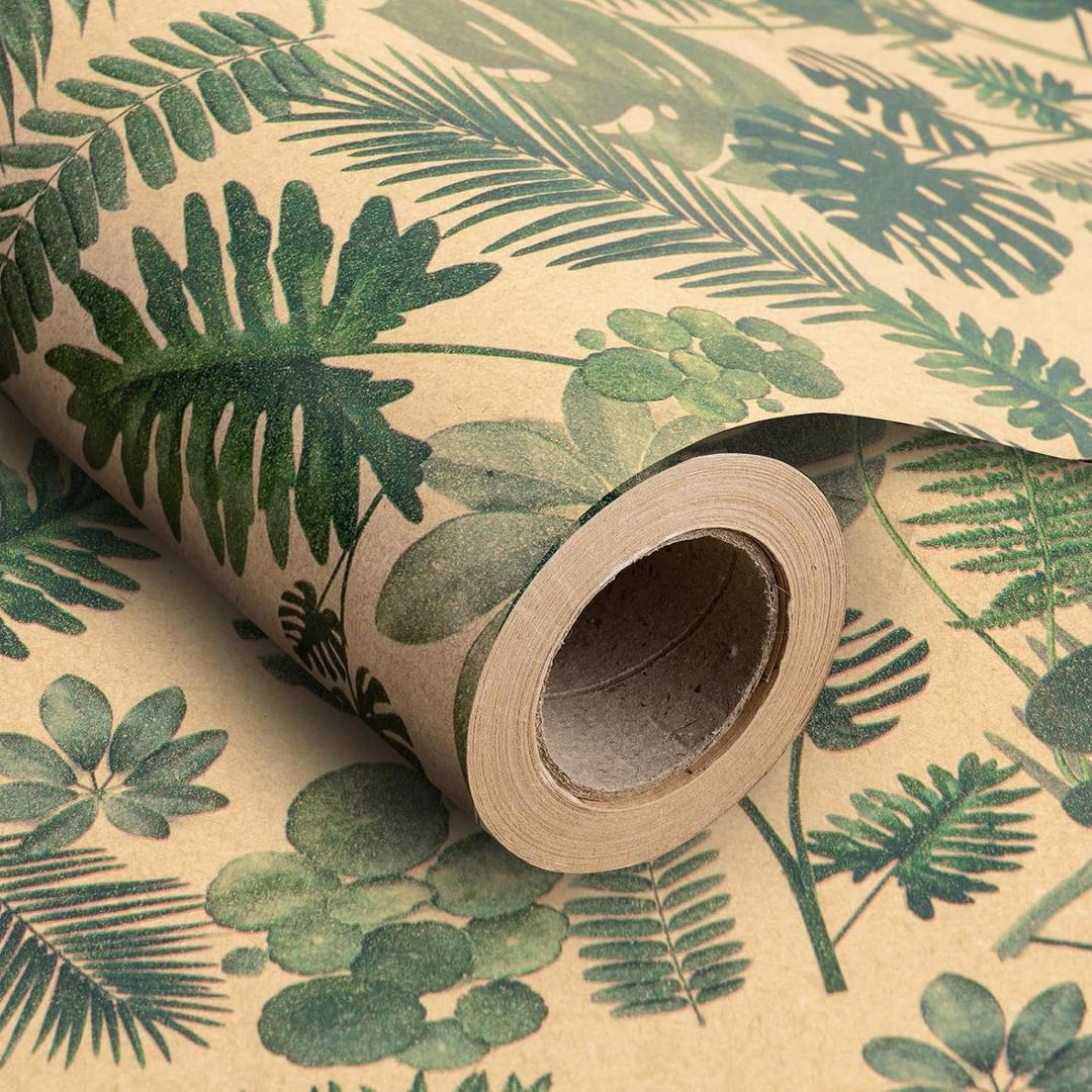 RUSPEPA Kraft Wrapping Paper Roll - Green Leaf Pattern - 30 Inches x 100 Feet, 1 Count