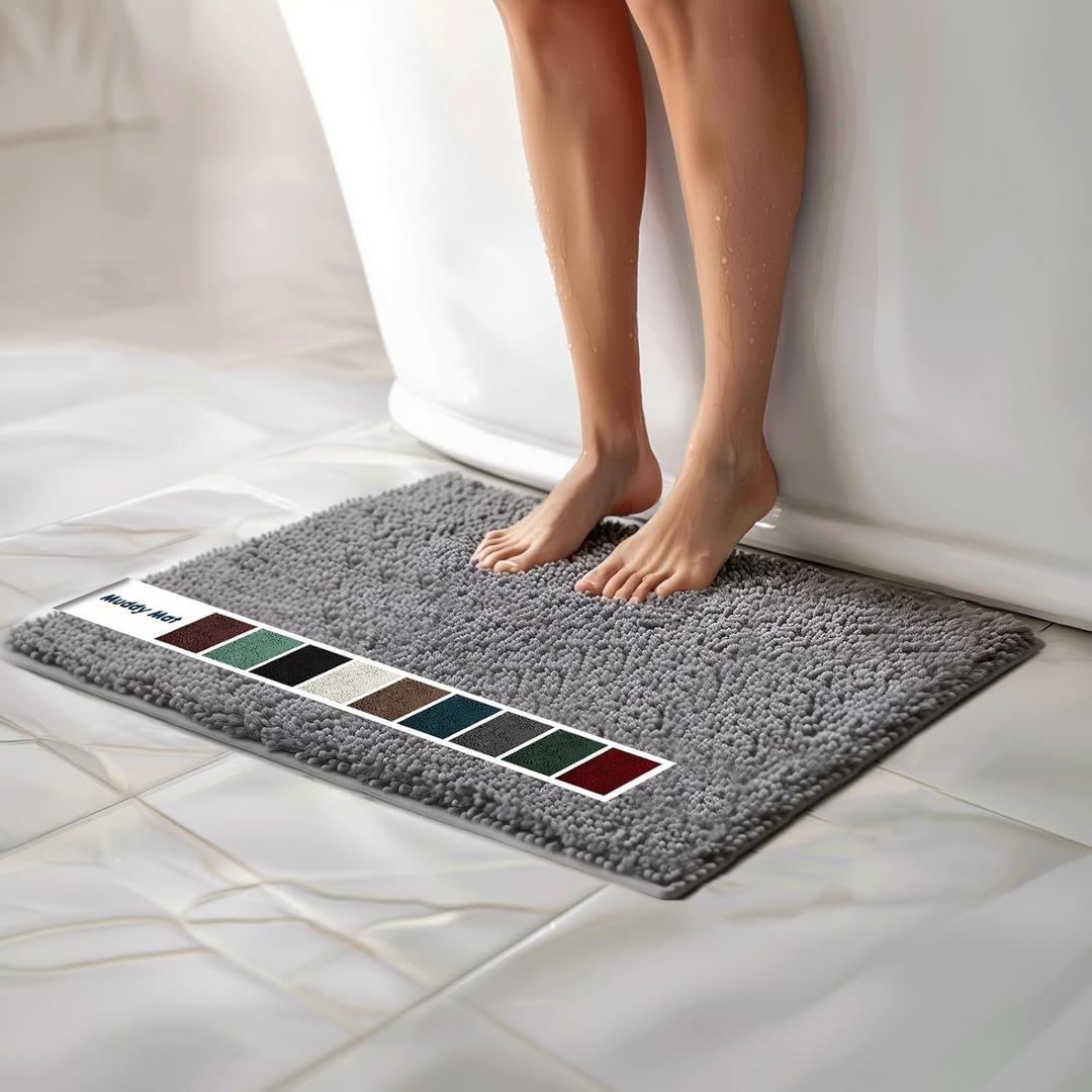 Muddy Mat Chenille Bathroom Rugs Quick Dry Microfiber Mats Non Slip Washable, Extra Thick, Soft and Highly Absorbent Bath Mats for Bathroom, Kitchen, and Shower Floor - Grey Medium 30"X19"