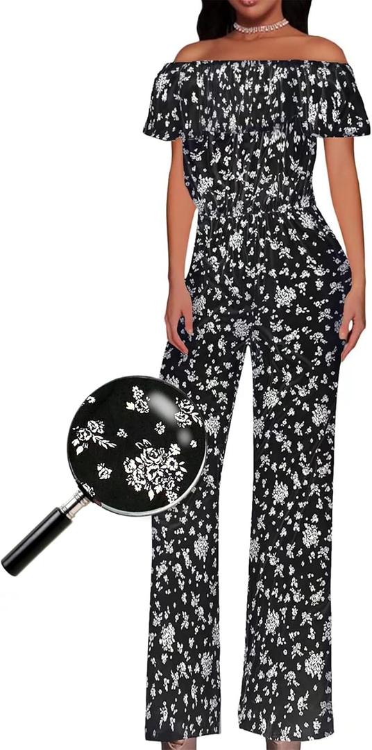 Hybrid & Company Women's Lightweight Off Shoulder Jumpsuit  Stretchy Wide Leg Romper  Casual to Formal One Piece Outfit (Medium, G219836-blackwhite)