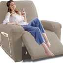 YEMYHOM 4 Pieces Oversized Stretch Recliner Slipcover Latest Jacquard Large Recliner Chair Cover with Side Pocket Anti-Slip Fitted Furniture Protector with Elastic Bottom (X-Large Recliner, Khaki)