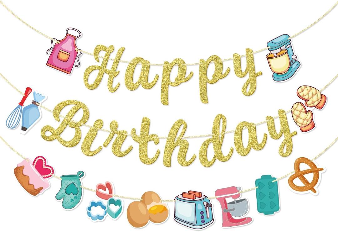 Bake Themed Birthday Banner, Sweet Chef Birthday Banner, Baking Birthday Party Decor, Cookout Themed Party Decorations, Bakery Supplies, Gold Glitter