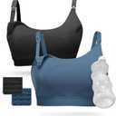 Momcozy Pumping Bra, Pumping Bra Hands Free All Day Wear Pumping & Nursing Bra in One Holding Breast Pump for Spectra, Medela (Large, Black,blue-2pk)