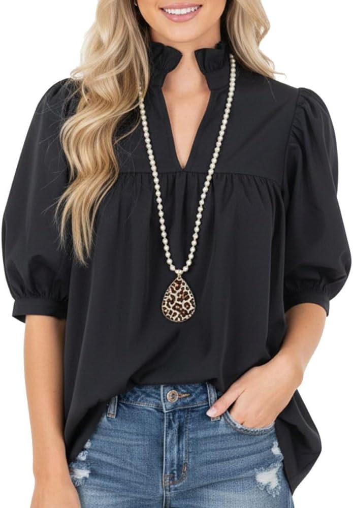Women's Ruffled Mock Neck Blouse Half Puff Sleeve V-Cut Casual Top Loose-Fit Split Hem Shirt, Black, XL