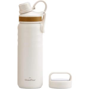 GRANDTIES 2 Lids Sports Stainless Steel Water Bottles  Wide Mouth Vacuum Insulated Reusable Leak Proof BPA-Free Travel Metal Canteen, Thermos Bottles for Men Women Gym (Ivory White 24 oz)