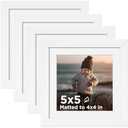 KINLINK 5x5 Picture Frame White Set of 4, Wooden Square Photo Frames Matted 4x4 with Plexiglass for 4x4 with Mat or 5x5 without Mat for Table and Wall Display