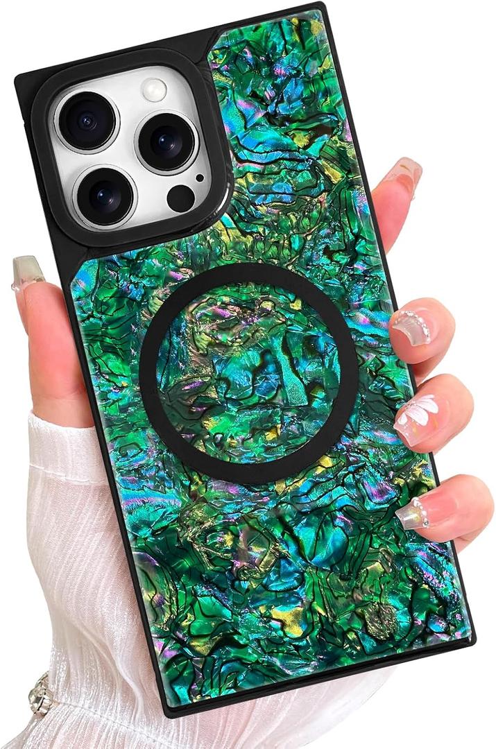 AIGOMARA Magnetic Rectangle for iPhone 16 Pro Case, Compatible with Magsafe Luxury Sparkle Opalescent Pearl for Women Girls Glossy Glitter Protective Phone Case with Screen Protector, Green