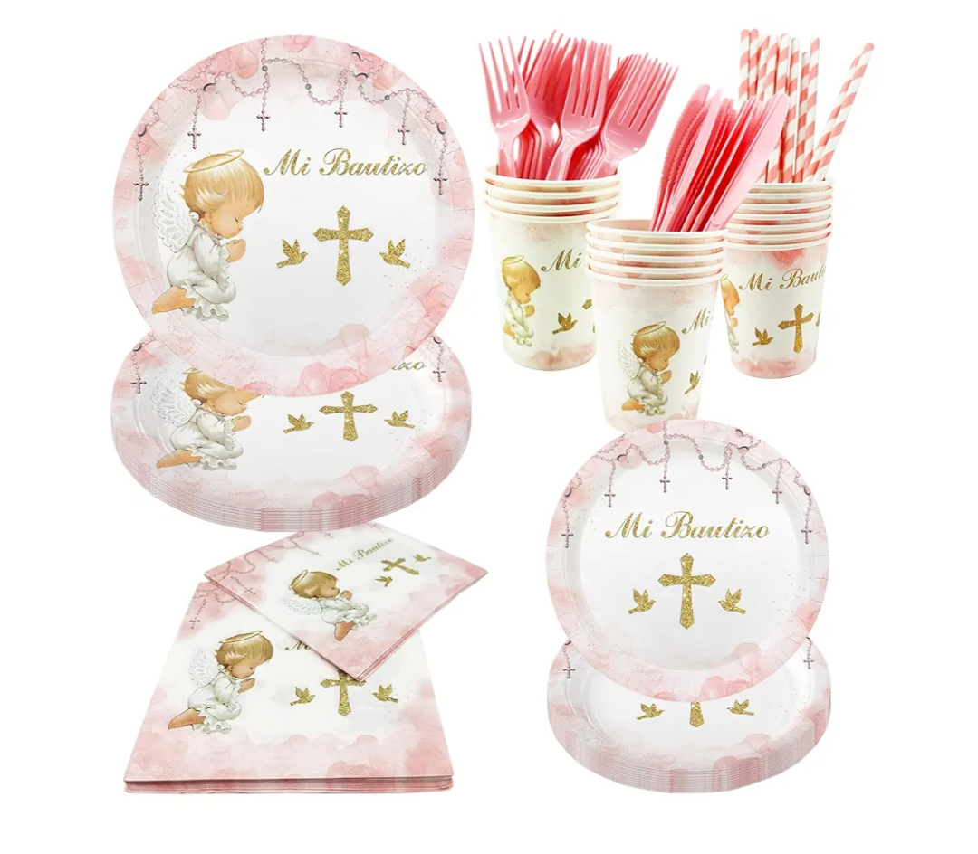 112 PCS Baptism Plates Napkins Cups Decoration for Girl Mi Bautizo Baby Shower First Holy Communion Disposable Party Tableware Newborn Christening God Bless Party Supplies Favors for 16 Guests