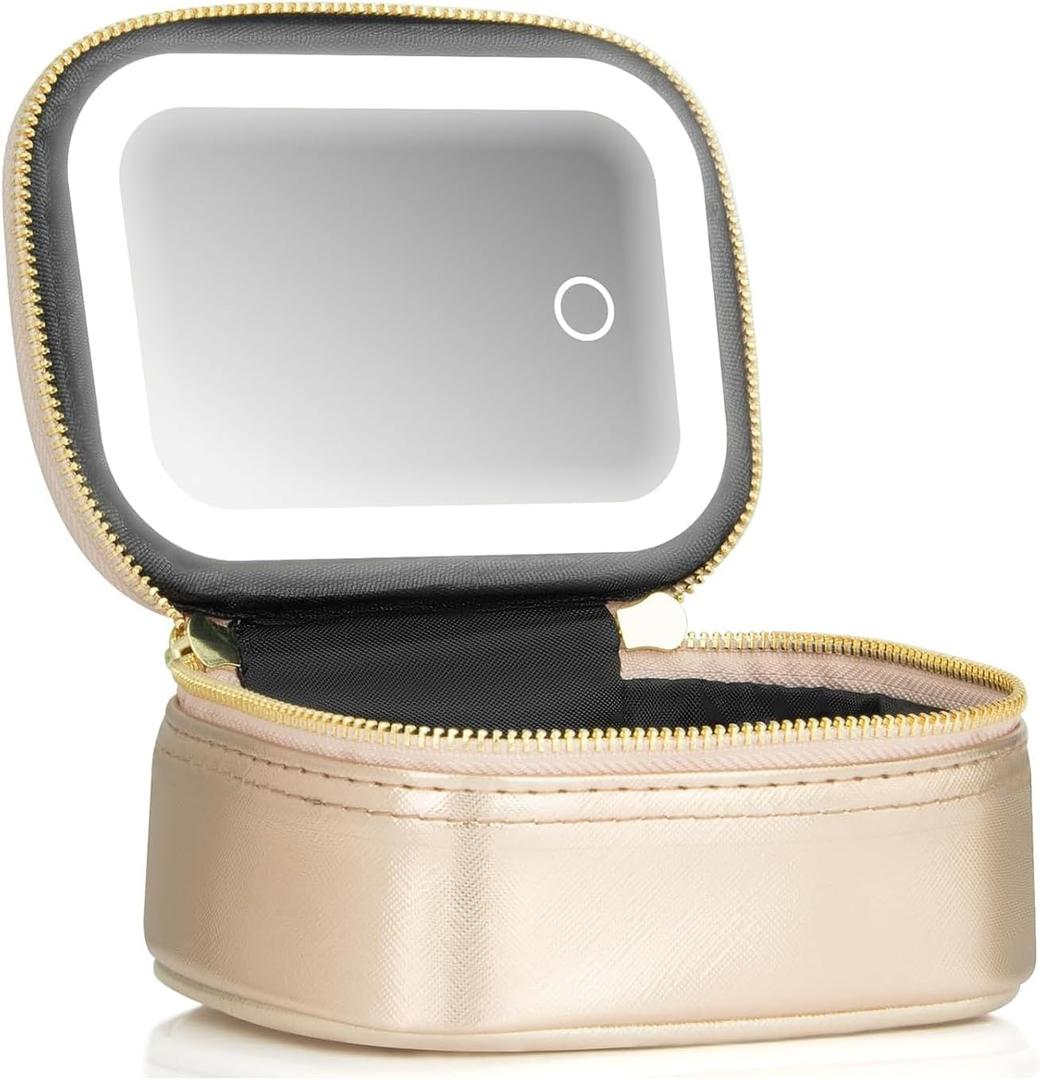 Mini Makeup Bag with Led Mirror, Small Travel Make up Bag 3 Light Modes Adjustable Brightness, for Women Organizer Cosmetic Bag, Portable Travel Train Toiletry Bag, for Pool Parties Work Touch-Ups (Gold)