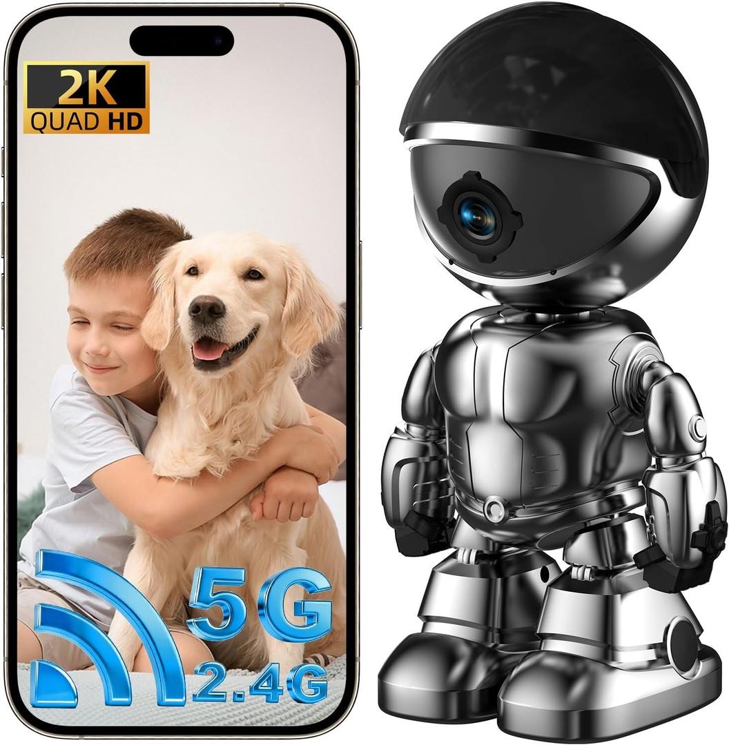 Indoor Camera Robot 2K,5G/2.4Ghz WiFi Robot Cameras for Home Security,360 PTZ Nanny Cam Dog Cam with Audio/Video Compatible with Alexa &Two-Way Talk,Pet Baby Camera with Human Detection Night Vision (silver)