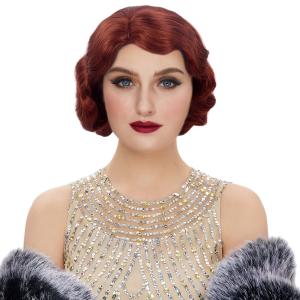 STfantasy 20S Finger Wave Wig Flapper Curly Synthetic Hair for Women 1920s Cosplay Costume Halloween Party Daily Everyday Wear (Reddish Brown)