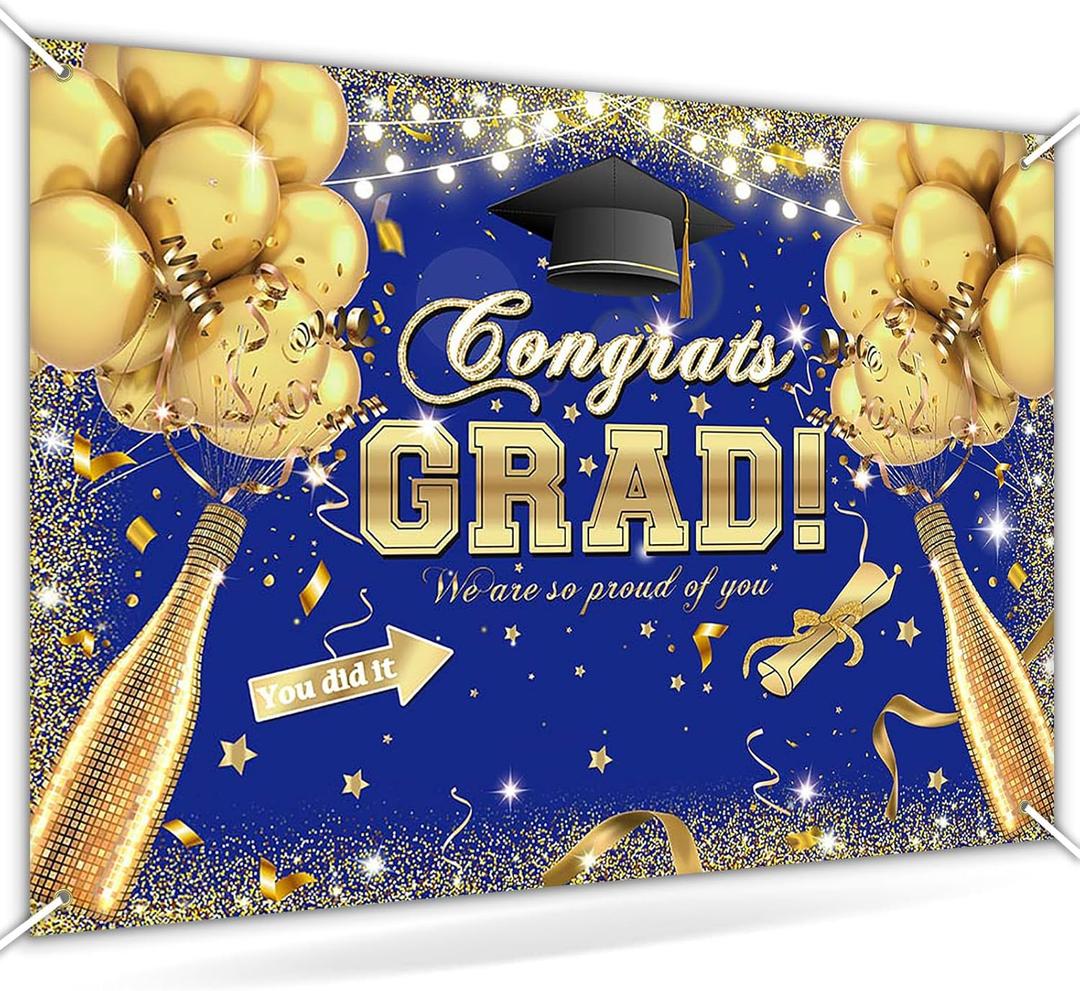Avezano Congrats Grad Backdrop for Class of 2025 Royal Blue and Gold Graduation Decorations Congratulate Graduation Photography Background Grad Celebration Prom Party Photoshoot Supplies (7x5ft, Blue)