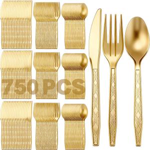 Sieral 750 Pcs Gold Plastic Silverware Set Disposable Utensils Heavy Duty Gold Cutlery Includes 250 Plastic Knives 250 Disposable Forks 250 Spoons for Party Birthday Wedding Graduation Event