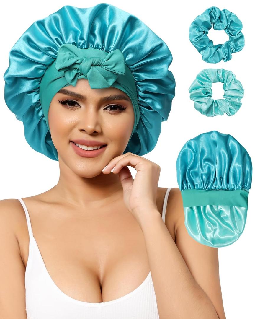 Satin Bonnets Silk Bonnet Sleeping Women Hair Bonnet Curly Hair Sleep Cap Reversible Double Layer Bonnets with Tie Band (7-7 3/8)