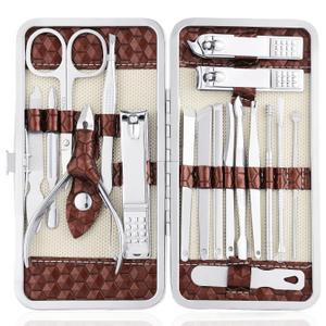 Nail Clippers Set 18 Pieces Stainless Steel Manicure Kit, Professional Grooming Kits, Nail Care Tools with Luxurious Travel Case (Brown)