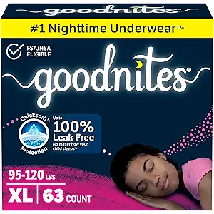 Goodnites Girls' Nighttime Bedwetting Underwear, Size Extra Large (95120 lbs), 63 Ct (3 Packs of 21), Packaging May Vary