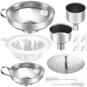 Gejoy 12 Pcs Metal Canning Funnels Set Wide Mouth Mason Jar Funnels for Filling Stainless Steel Kitchen Filter with Strainer Mesh Filter Brushes and Adhesive Hooks, Silver