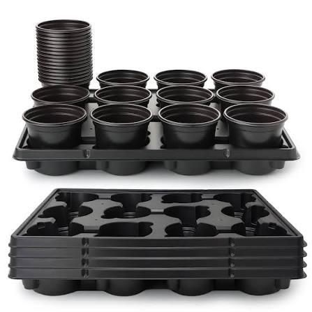 96 Pcs 4 inch Seedling Pots and 8 Pcs 12 Cell Reusable Plastic Nursery Pots Trays Thick Sturdy Seeds Starting Germination Carrying Trays Black Small Planter Nursery Propagation 8 Sets(Black)