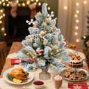 ININ 2FT Pre-lit Mini Christmas Snow Flocked Tree,Tabletop Artificial Christmas Tree with LED Lights, Small Xmas Pine Tree with Cloth Bag Base for Christmas Decor,12 Clusters Berry & 8 Pinecones