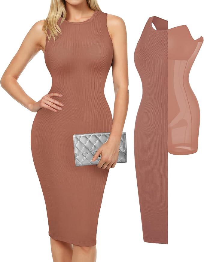 Popilush Women's Bodycon Dress Ruched Sleeveless Slimming Shapewear Casual Club Evening Party Cocktail Midi Fall Dresses L