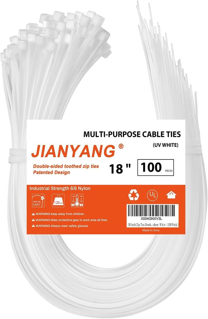 18 Inch Zip Ties Double Sided Toothed,120 LBS Tensile Strength Heavy Duty Cable Wire Ties With Self-Locking Adjustable More Durable Nylon Tie Wraps for Indoor Outdoor White100 Pack