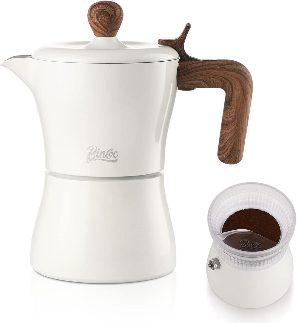 Bincoo Stovetop Espresso Maker Mocha Pot 3 Espresso Cups, Cuban Coffee Machine Hob Coffee Machine with Dosing Ring Dispenser, Mocha Italian Espresso Coffee Machine (White)
