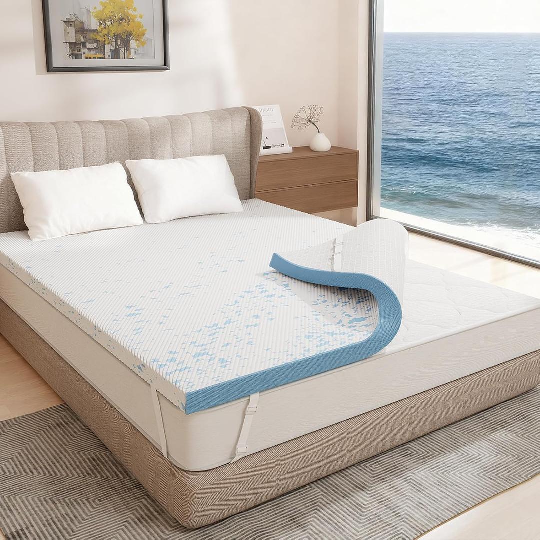 OhGeni Medium Feel Queen Size Cooling Gel Memory Foam Mattress Topper Pad, Washable Bed Cover with Anti-Slip Base &Zipper,Fits 6"-19" Mattresses with Straps,Extra Comfort for Sleep & Back Pain Relief