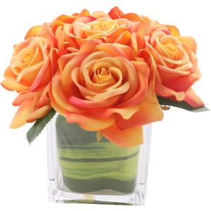 Fule Artificial Velvet Rose Flower Centerpiece Arrangement in vase for Home Wedding Decoration (Orange)