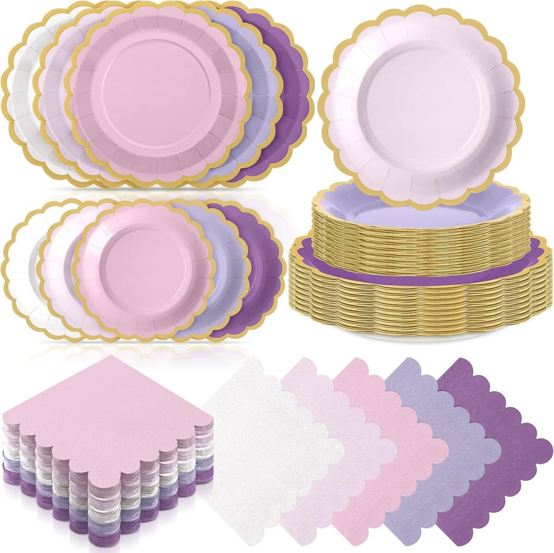 Zhehao 150 Pcs Pink and Purple Plates and Napkins Tableware Serves 50 Includes 9 Inch 7 Inch Purple Scalloped Edges Paper Plate and Napkins for Wedding Birthday Baby Shower Party