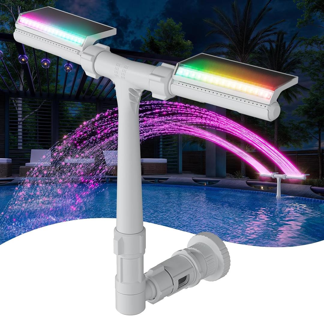 POOLHACKER Solar Pool Fountain with 10-Color LED Lights, Newly Refined Streamlined Design, Auto Dusk Sensor & Timer, Remote Control, Dual-Head Adjustable Spray for Above & Inground Pools
