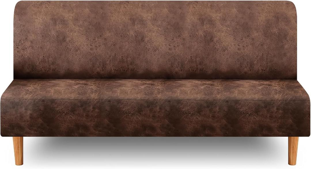 ANARACHON Leather-Like Stretch Futon Slipcover, Armless Jackknife Sofa Cover for 47"-61" Back, Faux Leather Texture Furniture Protector, Machine Washable, Pet & Kids Friendly (Medium, Light Brown)