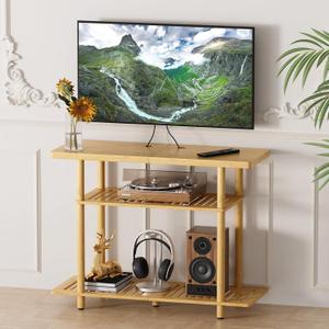 Bamboo TV Stand, Small TV Stands for up to 32 Inch, 3-Tier Entertainment Center TV Shelf with Storage, Sturdy Corner TV Stand for Small Spaces, 31.5 x 24.2 x 11.8 inches (Natural Color)