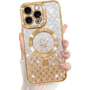 Bonoma Compatible with iPhone 15 Pro Case Support for MagSafe, Plating Heart Glitter Magnetic Checkered Case TPU Camera Protection Back Cover for Girls Women -Gold