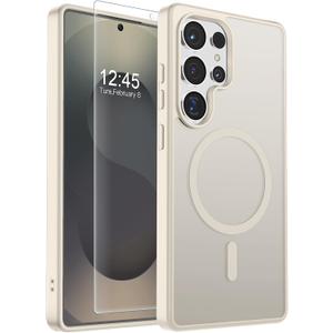 SUPFINE Magnetic for Samsung Galaxy S25 Ultra Case with Screen Protector, (Built-in Magnets) (Military Grade Drop Protection) Slim Translucent Shockproof Phone Case,Stone