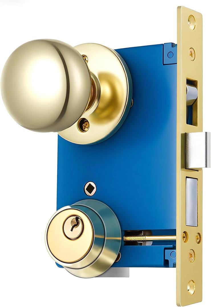 Tandefio 1 Set Double Cylinder Mortise Lock Gate Ornamental Iron Latch Set with 2-1/2" Backset 1" x 7-1/8" Faceplate Polish Brass (Right Hand Reverse)