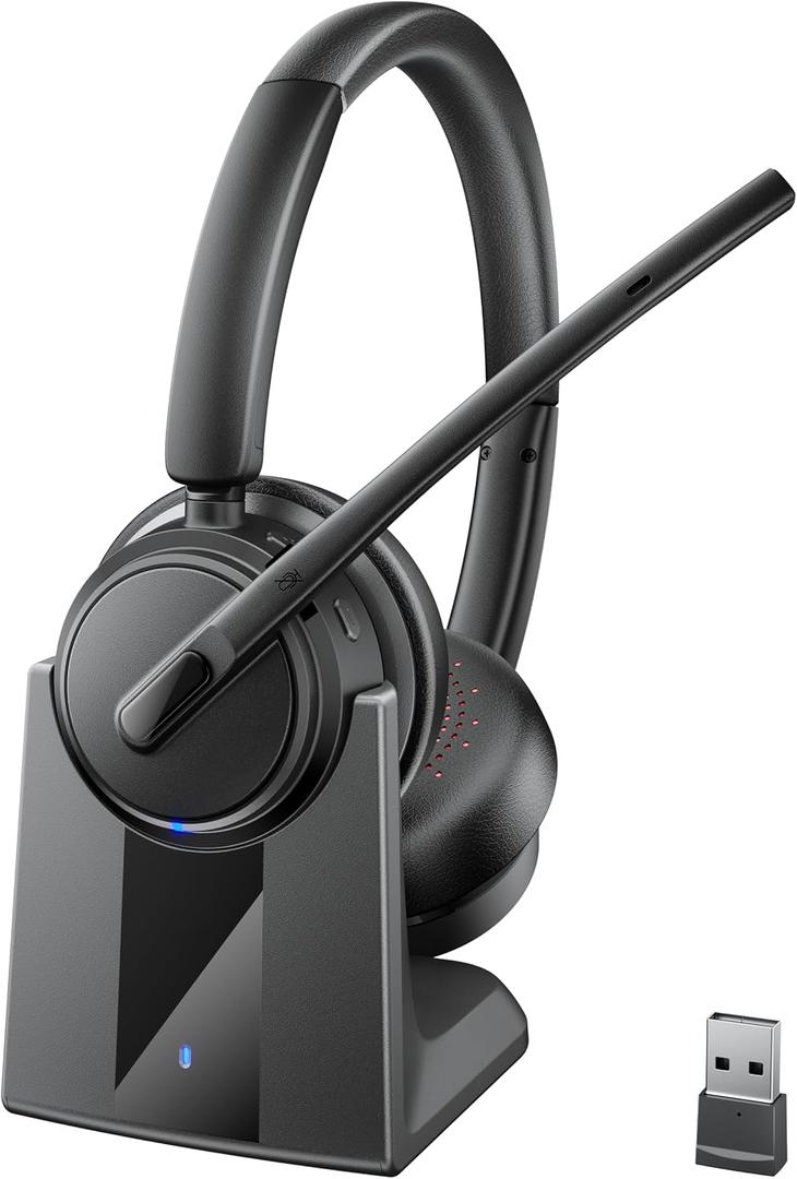 Mopchnic Wireless Headset with Noise Cancelling Microphone, On-Ear Bluetooth Headset with USB Dongle, Mute Function & Charging Base, Wireless Headphones for Work from Home and Call Center (Black)