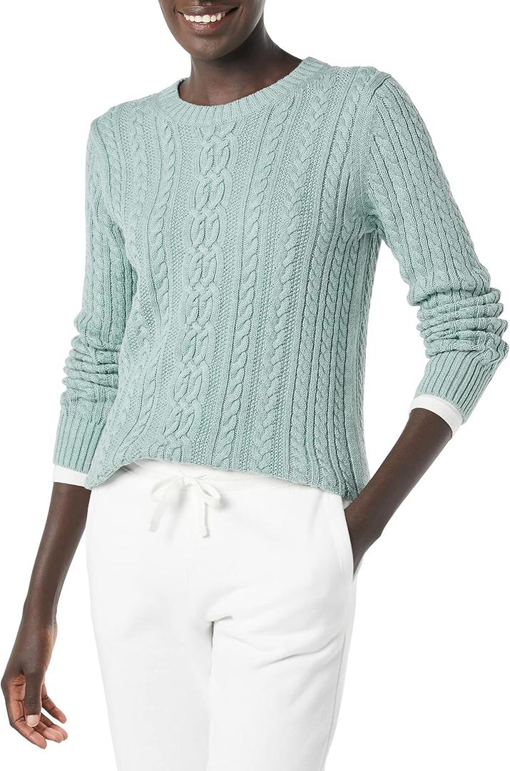 Amazon Essentials womens Soft Fisherman Cable Long-Sleeve Crewneck Sweater (Medium, Sage Green Heather)