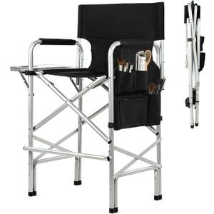 Makeup Chair for Makeup Artist 45.6'', Tall Directors Chairs Foldable for Clients with Side Table Cup Holder Storage Bag and Footrest, Folding Chair 400lbs Capacity Black