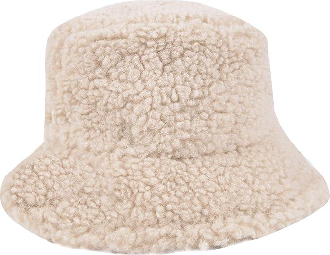 Faux Fur Bucket Hat, Fuzzy Furry Winter Warm Fisherman Cap, Fluffy Teddy Sherpa Clothe Hats for Women Men Girls
