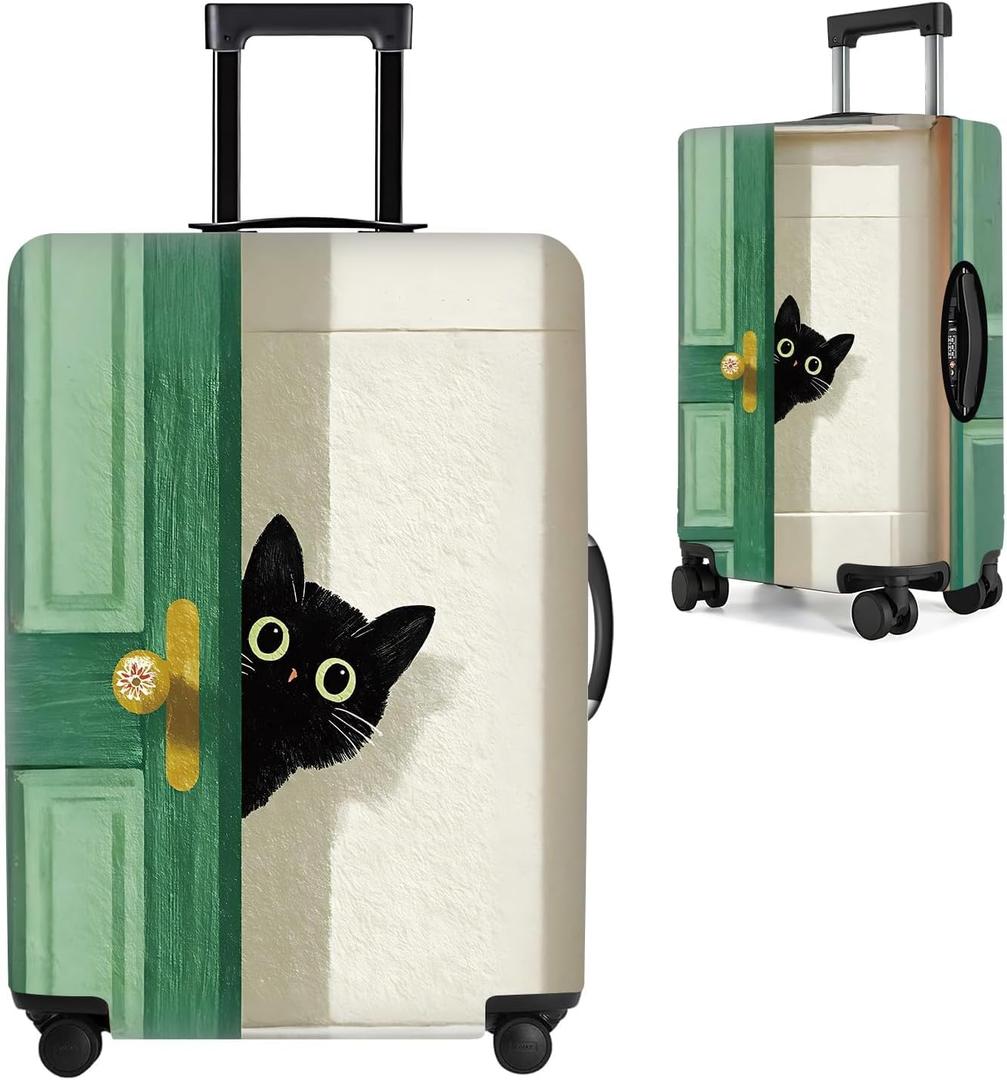 Black Cat Peeking Door Luggage Cover – Stretchable Travel Suitcase Protector for 2022 Inch Luggage – Whimsical Green Door and Beige Wall Design, Small